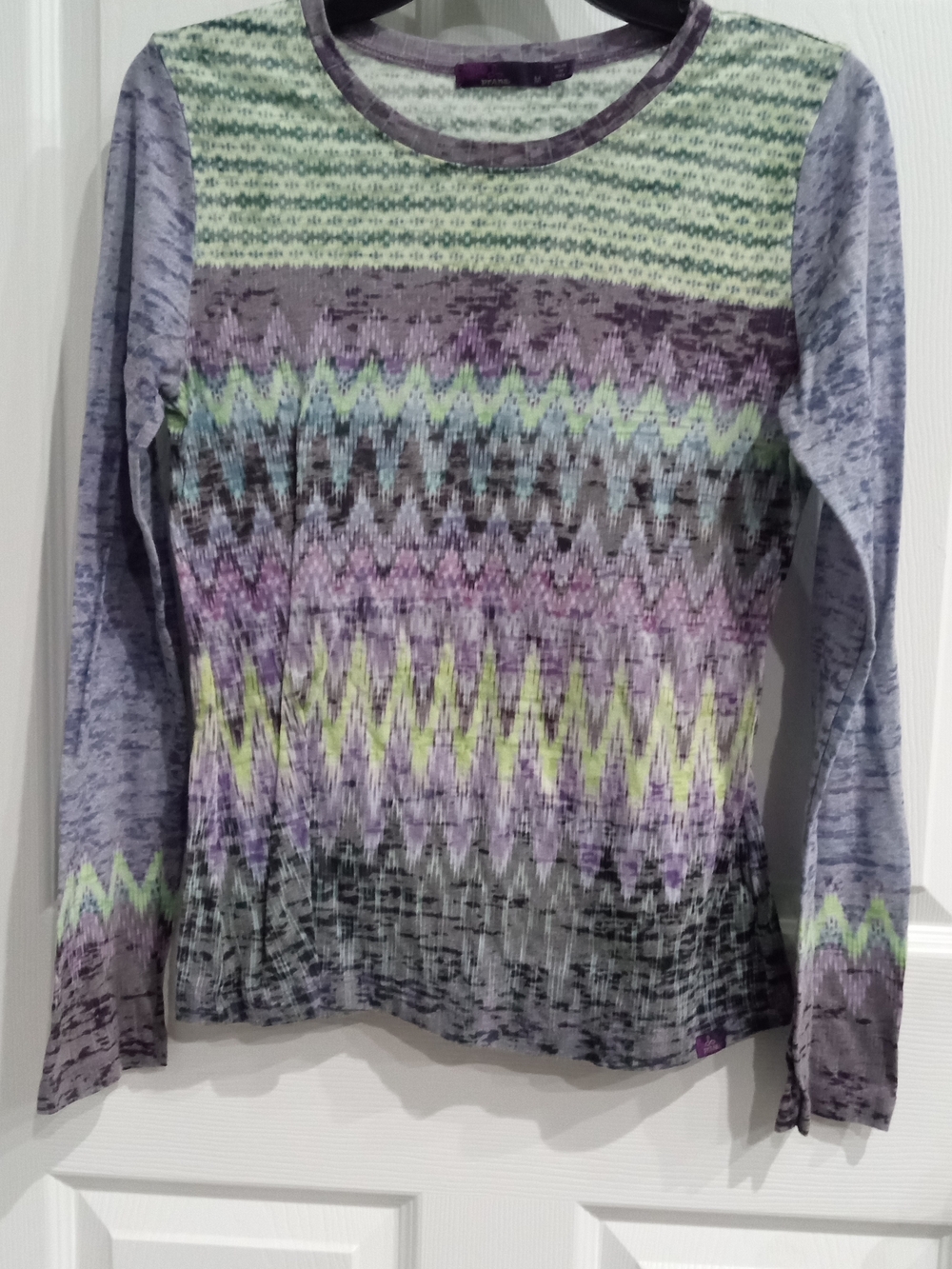 Prana Chevron-Pattern Long Sleeve Top in Lavender, Lime and Gray
